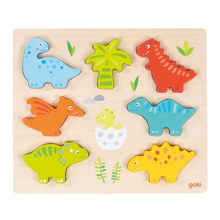 Wooden Puzzles Goki | 7-Piece Chunky Dinosaur Wooden Puzzle